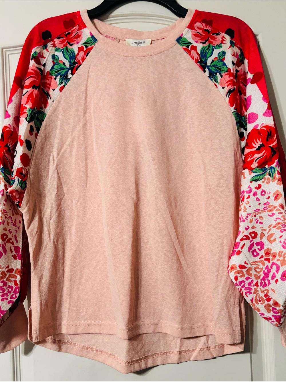 Umgee Blush Pink Pullover with Floral Accent Raglan